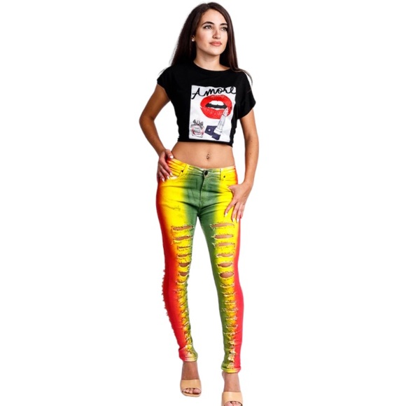 GLORY DENIM Tie Dye Ripped Jean - Red - Yellow - Green  size 15 - Picture 3 of 12